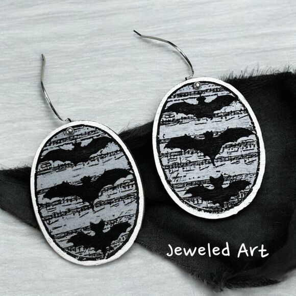 JEWELED ART Grungy Bat Oval Earrings Hand Painted Wood - Picture 3 of 3